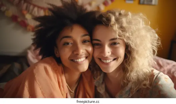 Two young women with curly hair smiling at the camera