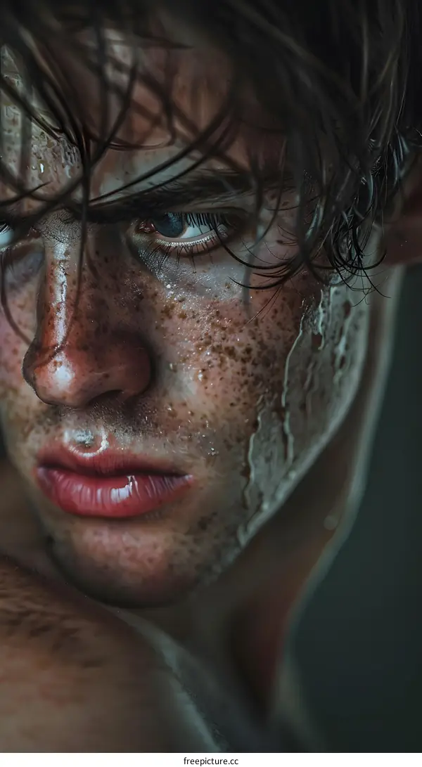 Portrait of a young man with freckles and water on his face