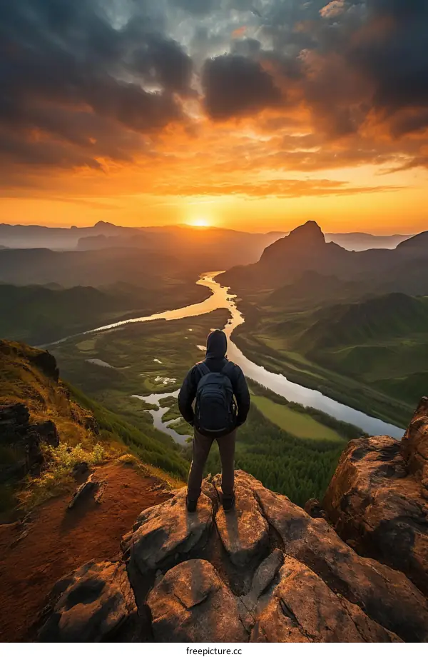 Man Standing Alone on Cliff Edge at Sunset Overlooking River Valley
