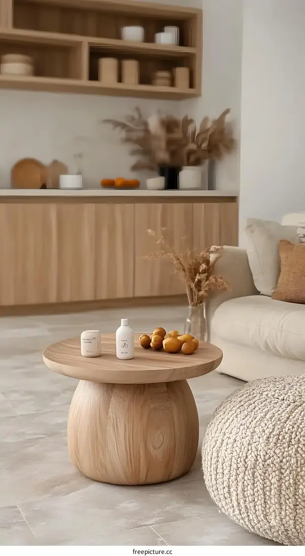 Wooden Coffee Table with Round Top and Unique Base