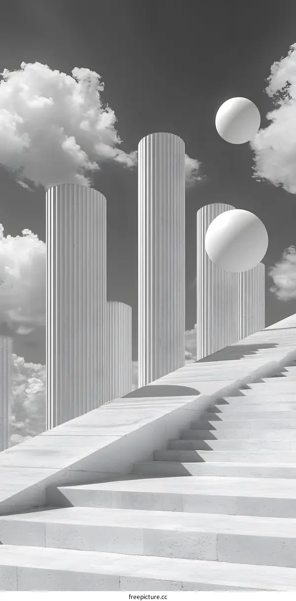 Abstract White Columns With Floating Spheres In Black And White