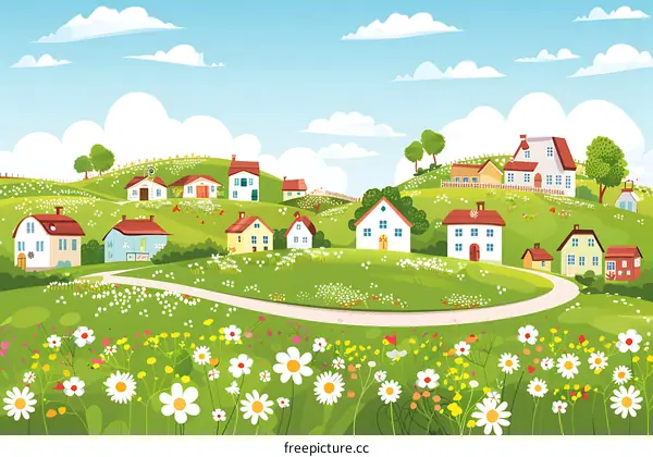 Cartoon Illustration of a Small Village with Houses on a Hill and a Winding Road