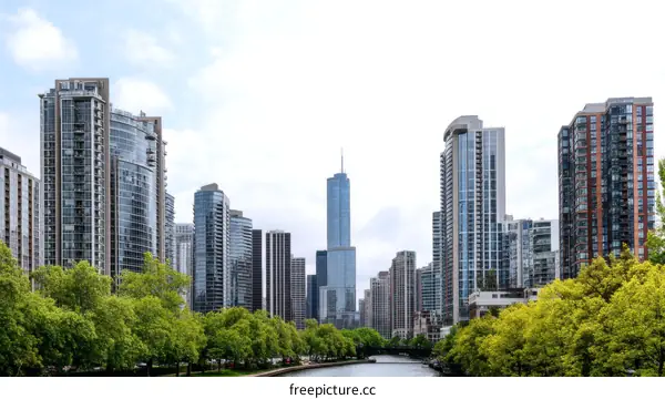 Chicago Skyline with Trees and River