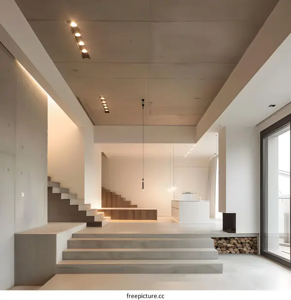 Modern Minimalist Open Floor Plan Interior Design With Concrete Stairs And Wood