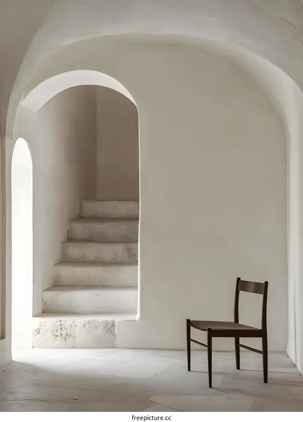 Minimalist Interior Design with Wooden Chair and White Stairs