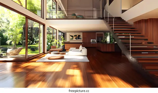 Modern Interior Design With Wooden Floor and Staircase