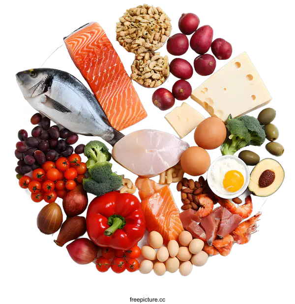 [Transparent Background PNG]Healthy Food Circle with Salmon, Fish, Cheese, Eggs, Avocado and Vegetables