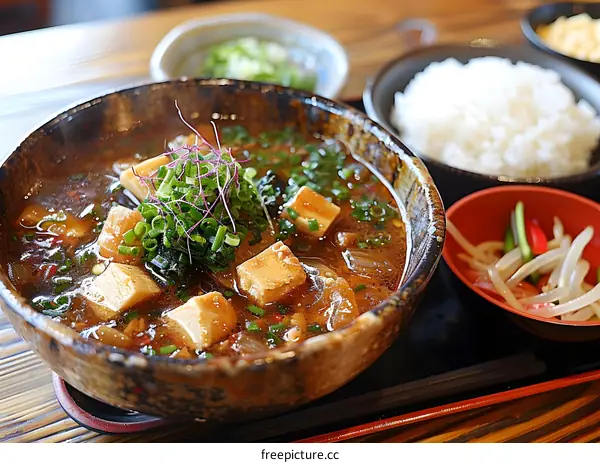 Close Up of Mapo Tofu with Rice and Side Dishes
