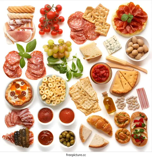 Italian Food Assortment  Variety of Italian Products and Ingredients on White Background