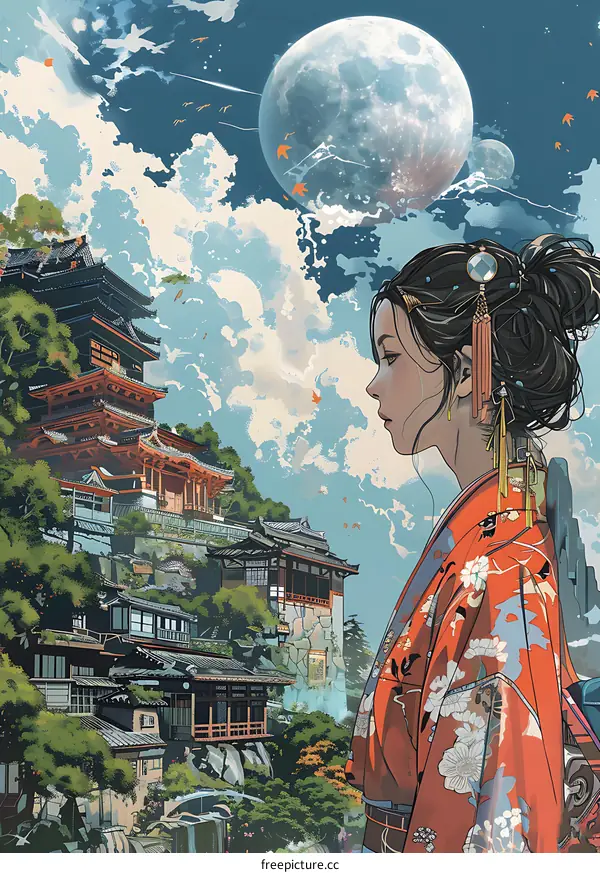 Woman in Kimono Looking at the Moon Over Japanese Architecture