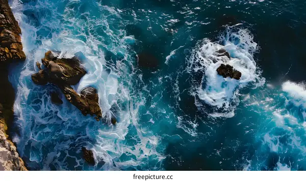 Aerial View of Ocean Waves Crashing on Rocks
