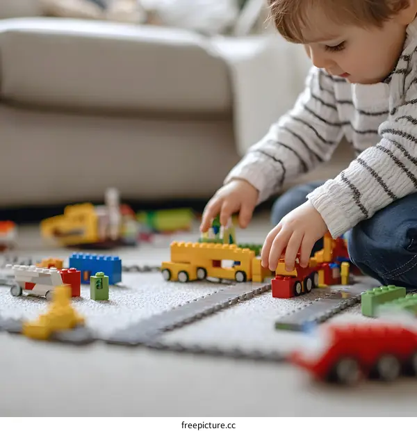 Little Boy Playing With Building Blocks On Carpet