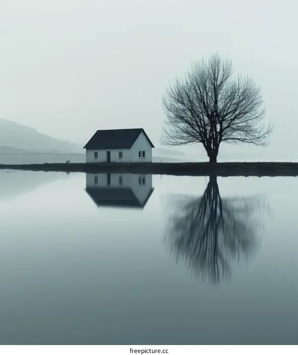 Small house and tree in water with fog