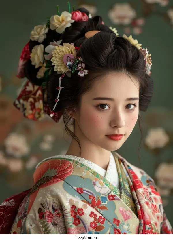 Portrait of a young woman in a kimono with a floral headdress