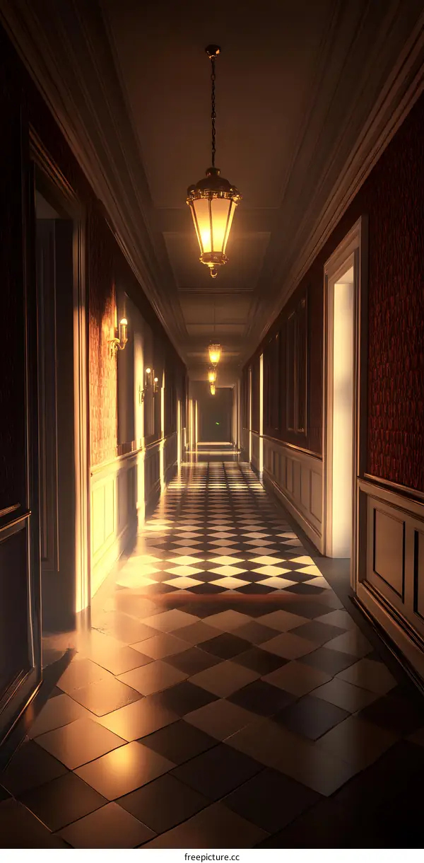 Elegant Interior Design Of Hallway With Checkerboard Floor And Chandelier