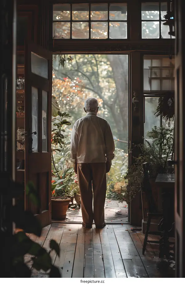 An old man standing in the doorway, looking out at the world.