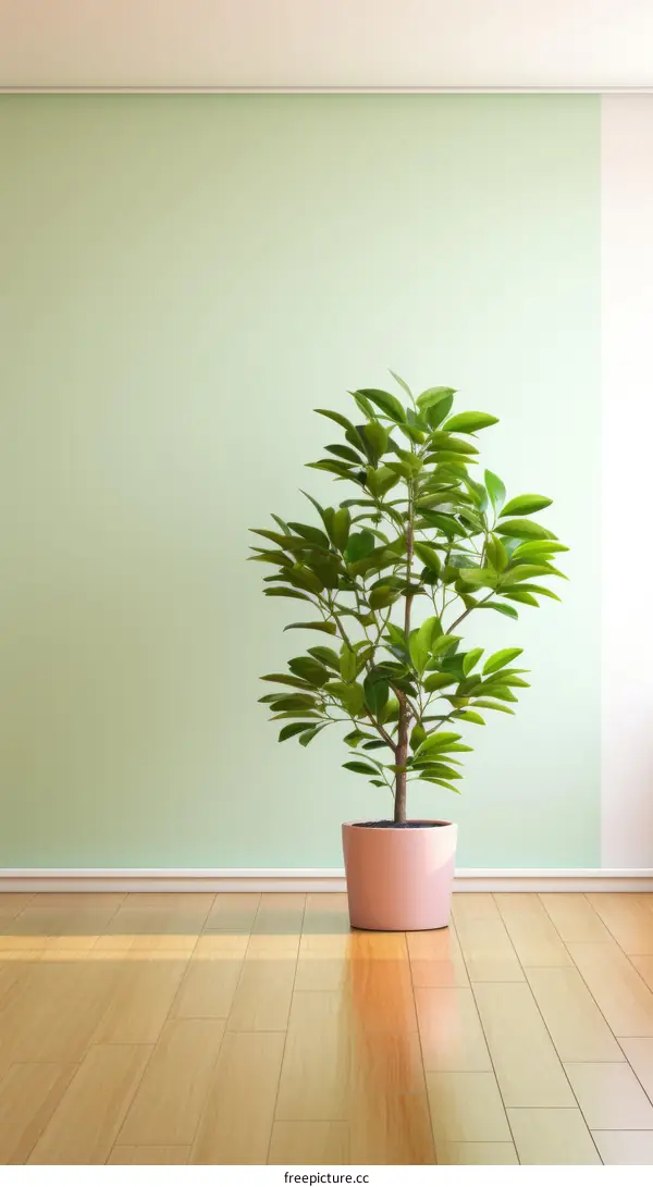 Pink Potted Plant in Minimalist Room with Green Walls