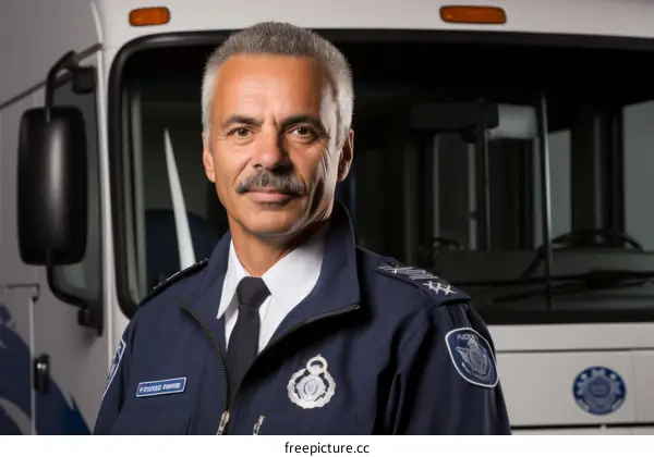 A Canadian police officer poses for a photo in front of a police vehicle.