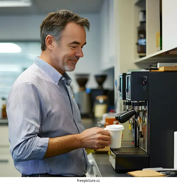 Businessman Making Coffee in Office Kitchen