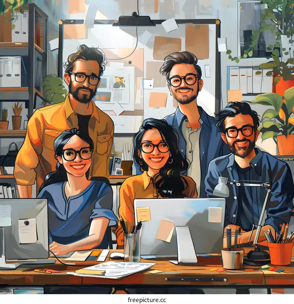 Group of five people working in an office