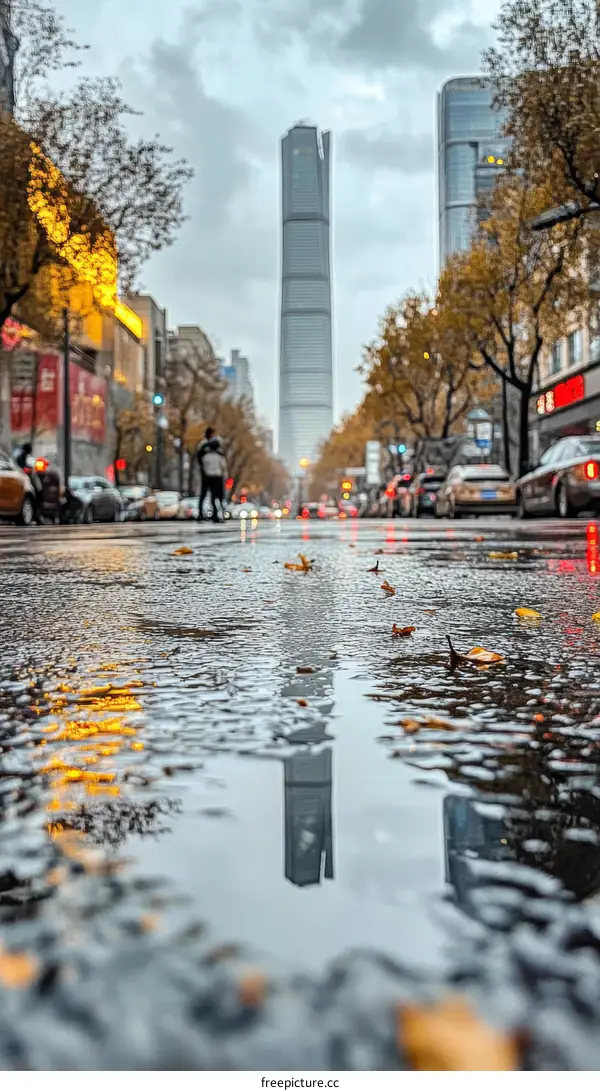 Rainy Cityscape Reflecting in Puddle with Modern Architecture