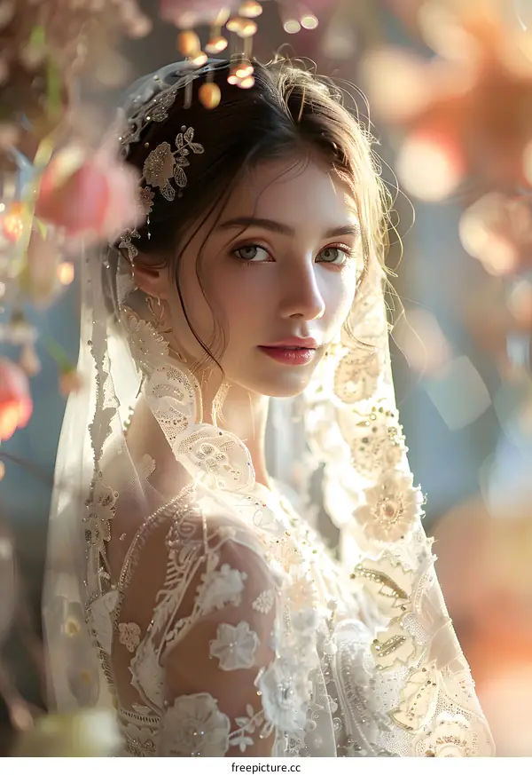 Portrait of a beautiful bride in a lace wedding dress and tiara