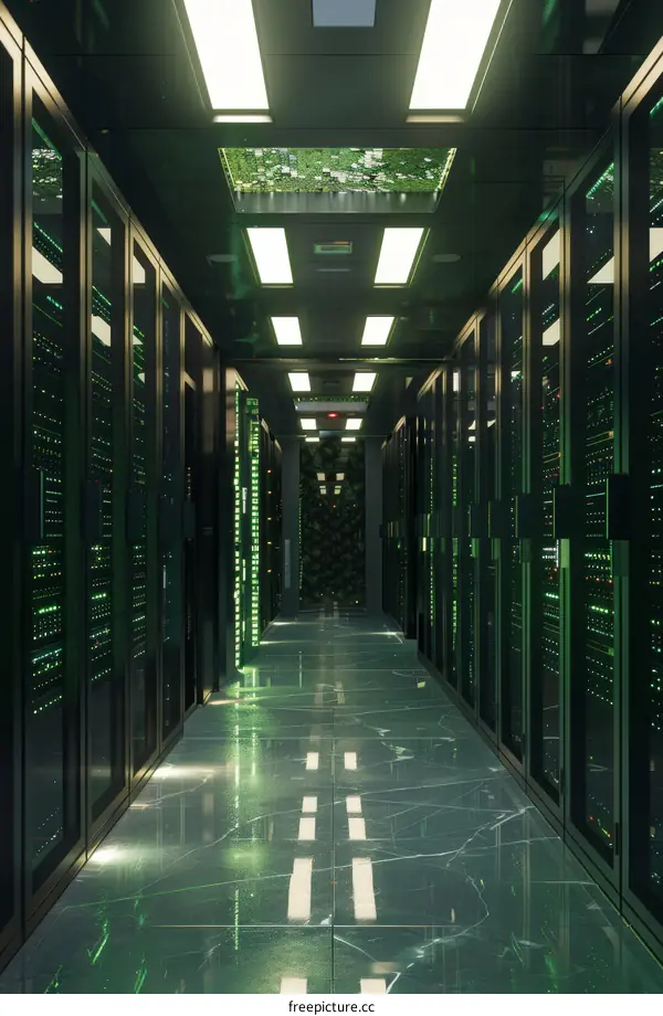 Modern Data Center Server Room Corridor with Green Lights