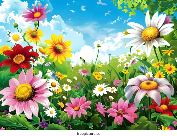 Colorful Flowers in a Meadow Under a Blue Sky