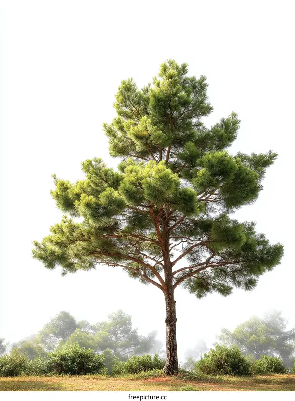 Solitary Pine Tree in Misty Landscape