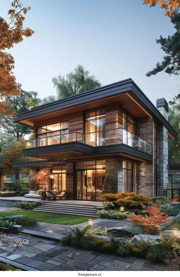 Modern house with large glass windows and a terrace with a garden