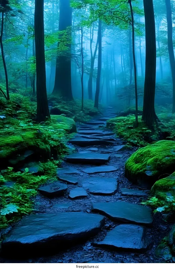 Stone Pathway Through Misty Forest