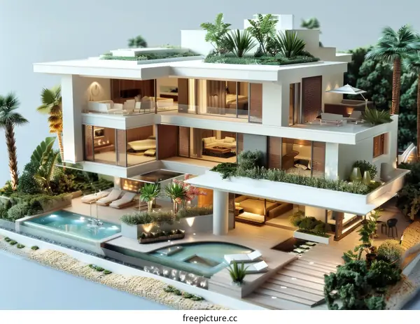 Modern Tropical Luxury Mansion Exterior Design Illustration