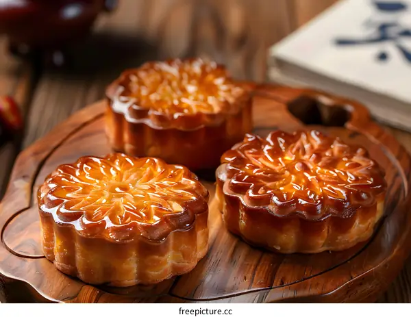 Three Mooncakes on Wooden Cutting Board