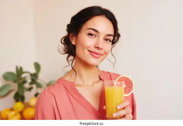 Woman Drinking Fresh Citrus Juice Portrait