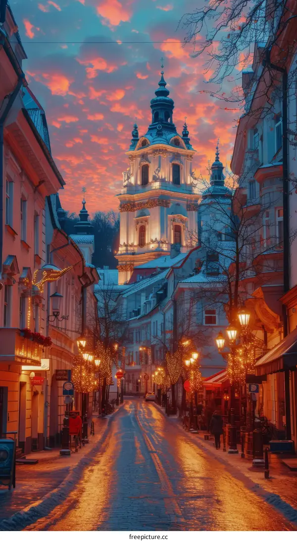 Buildings in a European city with a beautiful sky