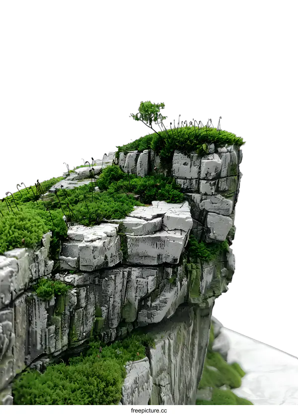 [Transparent Background PNG]Green Mossy Cliff with Tiny Tree on Top