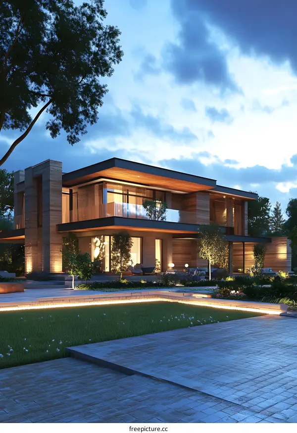 Modern House With Stone Exterior And Grass Lawn