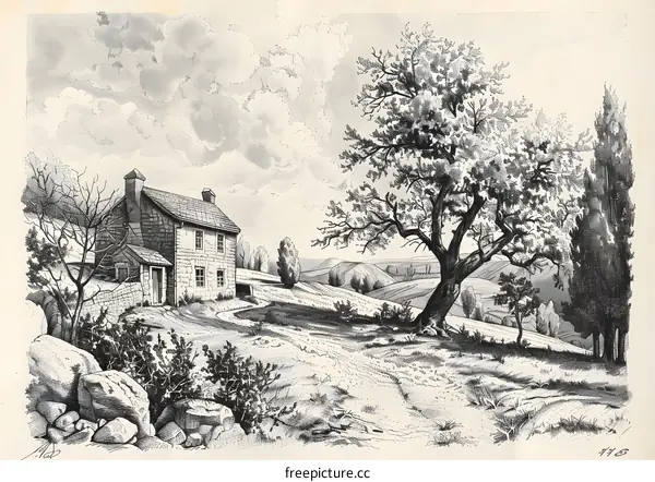 Black and White Illustration of a Countryside Home with a Tree