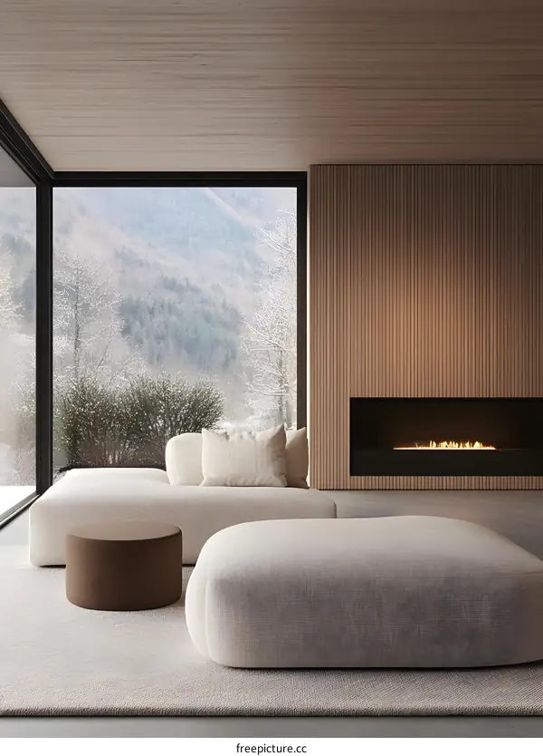 Modern Living Room with Fireplace and Mountain View