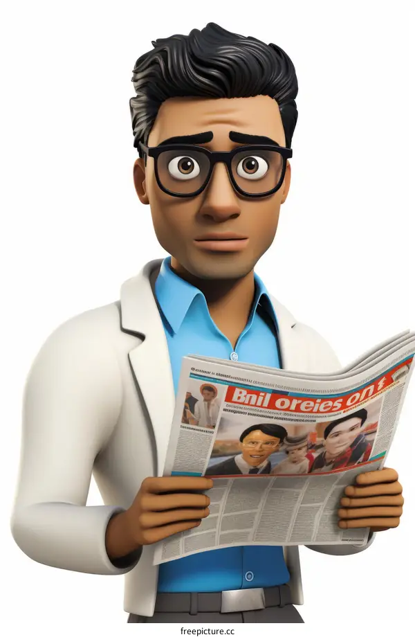 Illustration of a male doctor in a lab coat holding a newspaper with a headline that reads 'Bnil oreies ont?'