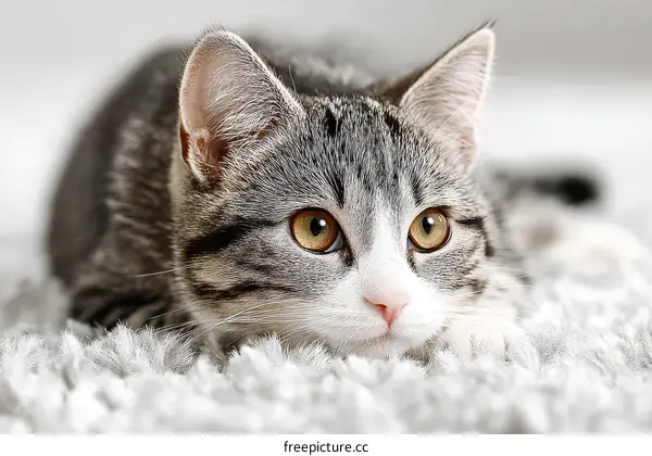 Cute Gray Tabby Kitten Close-up on Plush Carpet