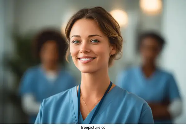 Young Female Healthcare Professional in Blue Scrubs Smiling