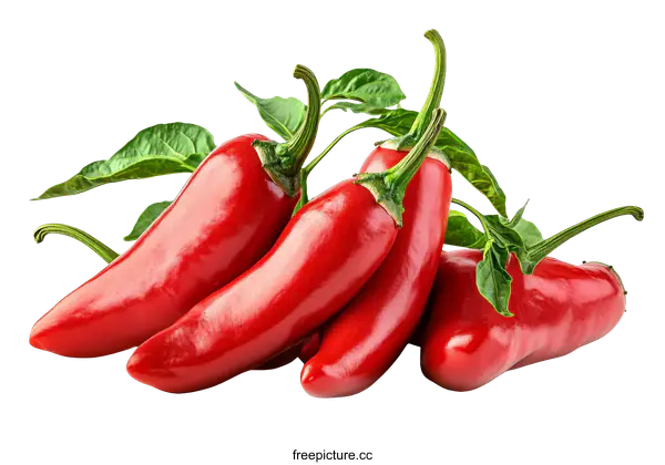 [Transparent Background PNG]Close-up Group of Fresh Red Peppers with Leaves