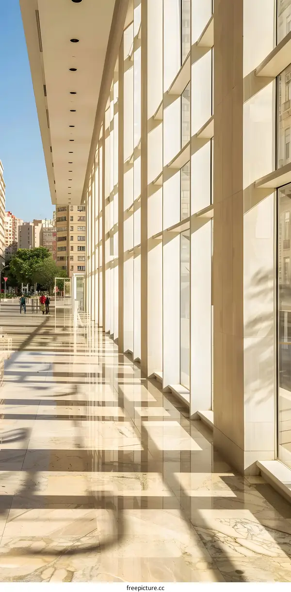 Modern Glass Facade Building Corridor with People Walking
