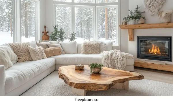 Cozy Winter Living Room with Wooden Coffee Table