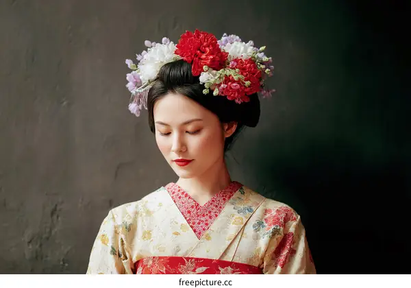 A Young Japanese Woman in Traditional Kimono with Floral Hairpiece