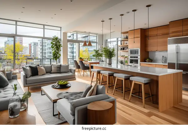 Modern Open-Concept Living Space with Kitchen, Dining, and Living Areas