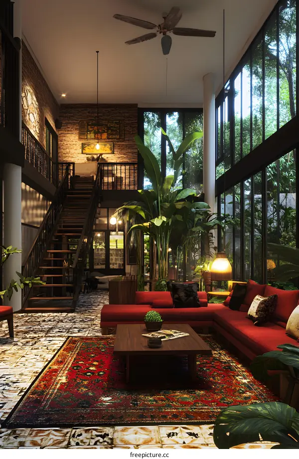 Modern Interior Design with Tropical Plants and Red Sofa