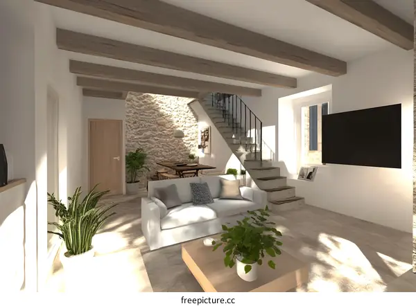 Modern Home Interior Design With Wooden Beams And Stone Walls