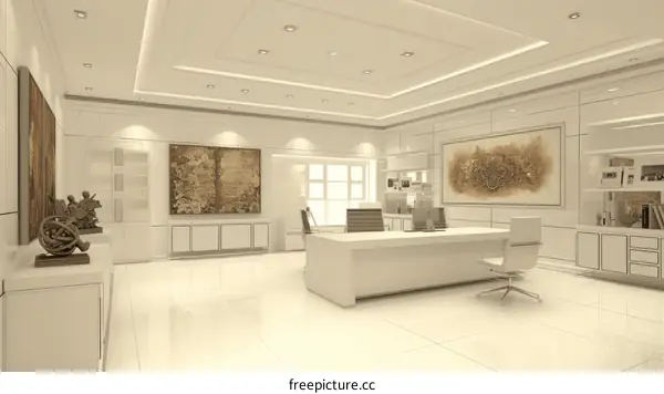 3D rendering of a modern office interior with white walls and furniture